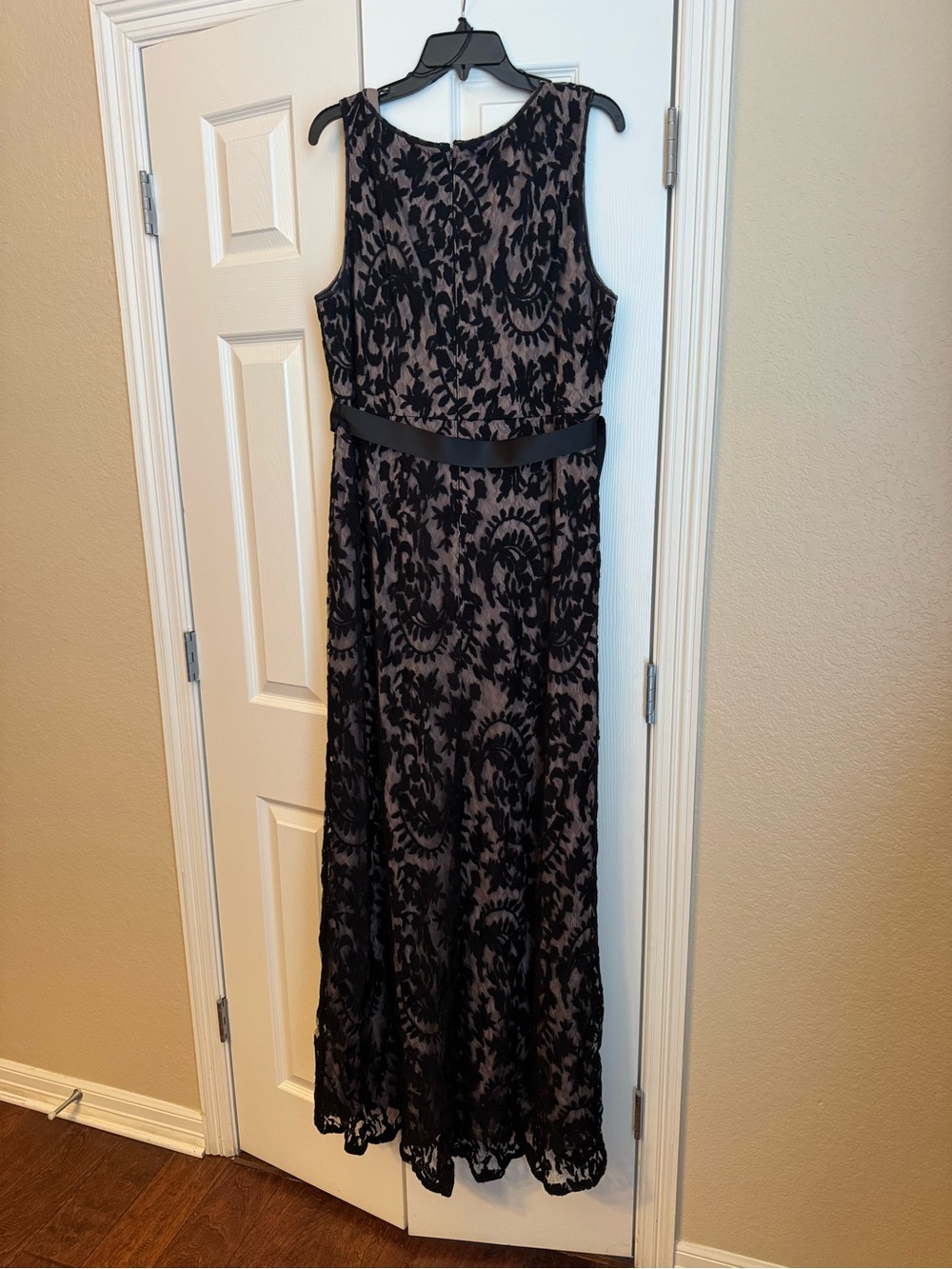 Adrianna Papell Black Lace Overlay Floor Length Dress with Nude Underlay